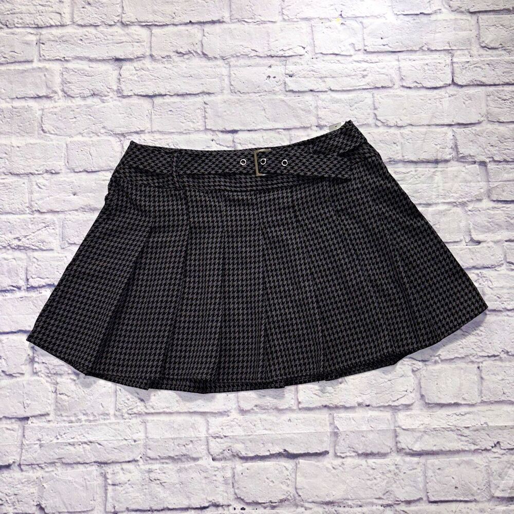Social Collision Black Gray Houndstooth Pleated Stretch Mini Skirt Buckle XL